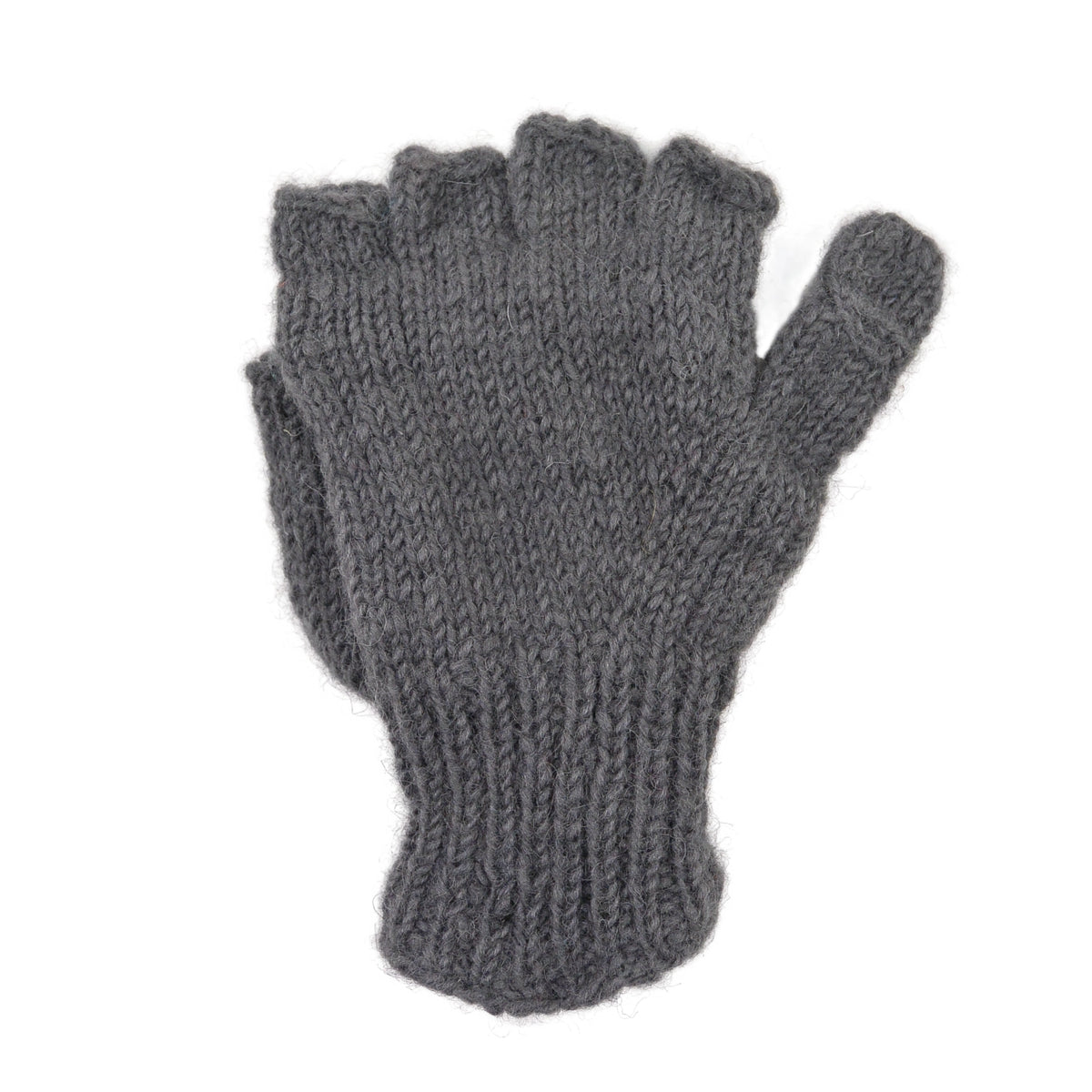 Schurwolle in Anthrazit mit Baumwolleinlage. Durch eine umklappbare Fingerabdeckung können die fingerlosen Handschuhe auch als Fäustlinge getragen werden.