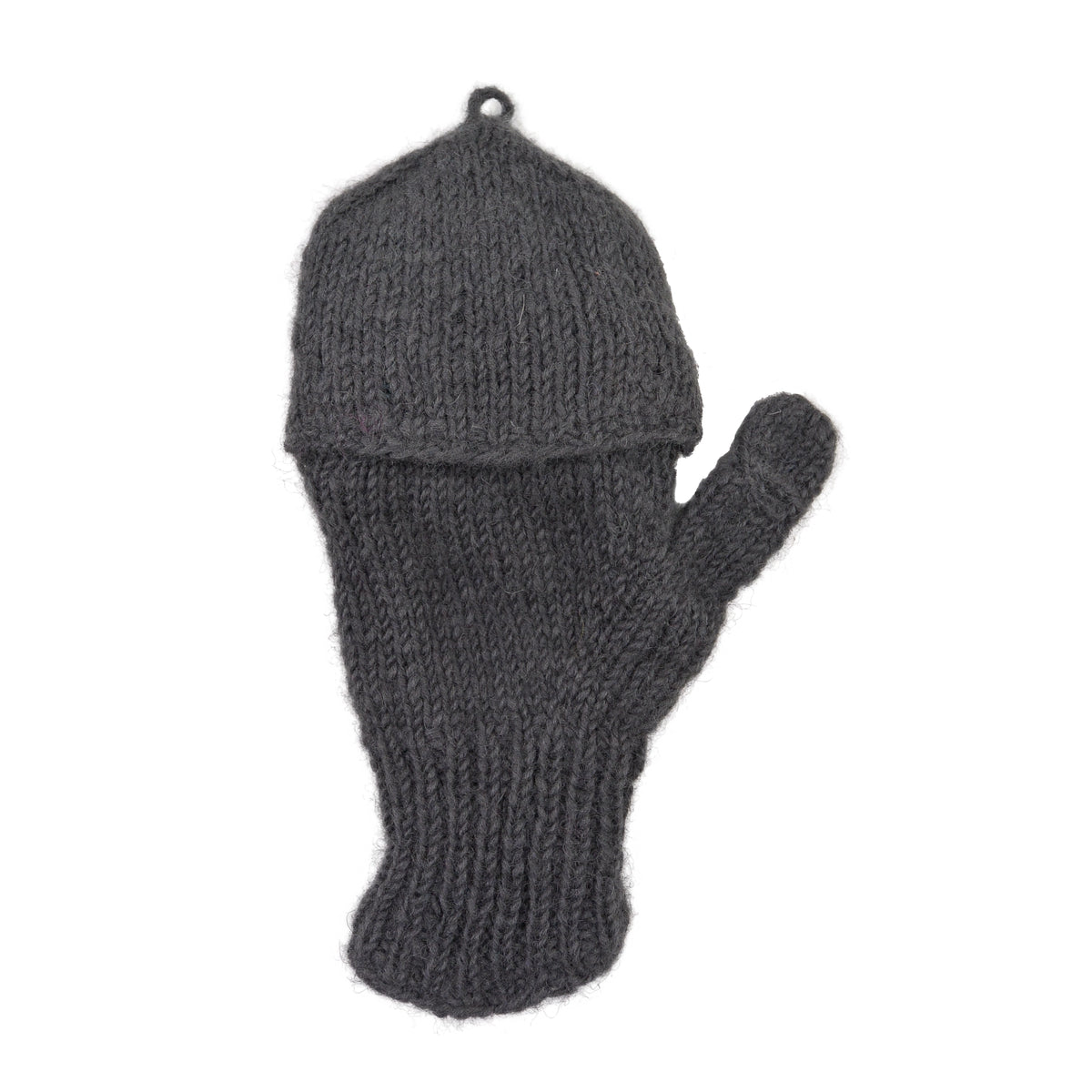 Vorderansicht: Fingerlose Handschuhe aus Schurwolle in Anthrazit mit Fleeceeinlage. Durch eine umklappbare Fingerabdeckung können die fingerlosen Handschuhe auch als Fäustlinge getragen werden.