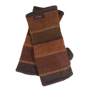 Gestreifte Strickstulpen, Pulswärmer aus Wolle in Braun.