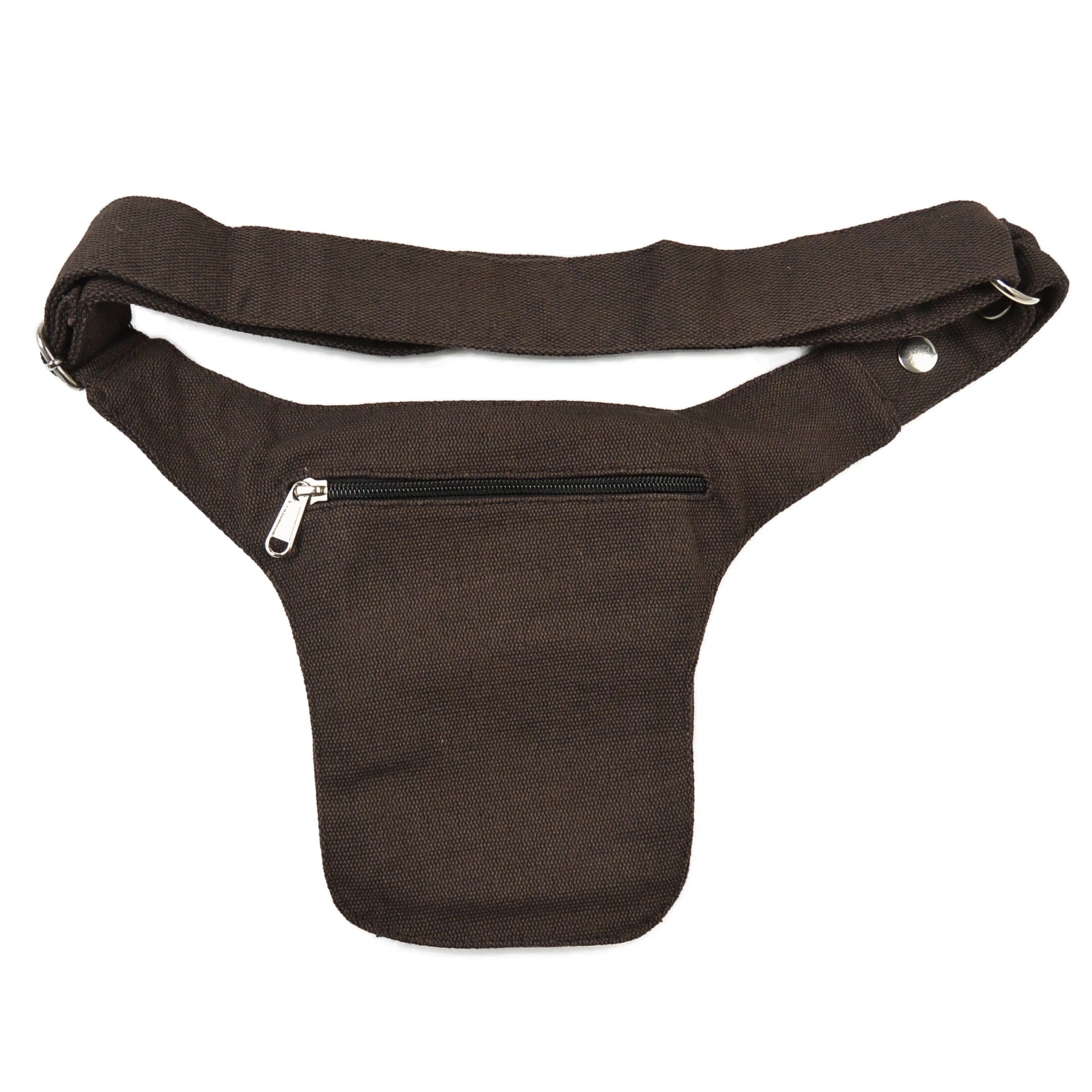 Kleine Bauchtasche aus robustem Baumwollstoff in Schokobraun. Auf der hinteren Seite befindet sich ein Reißverschlussfach.