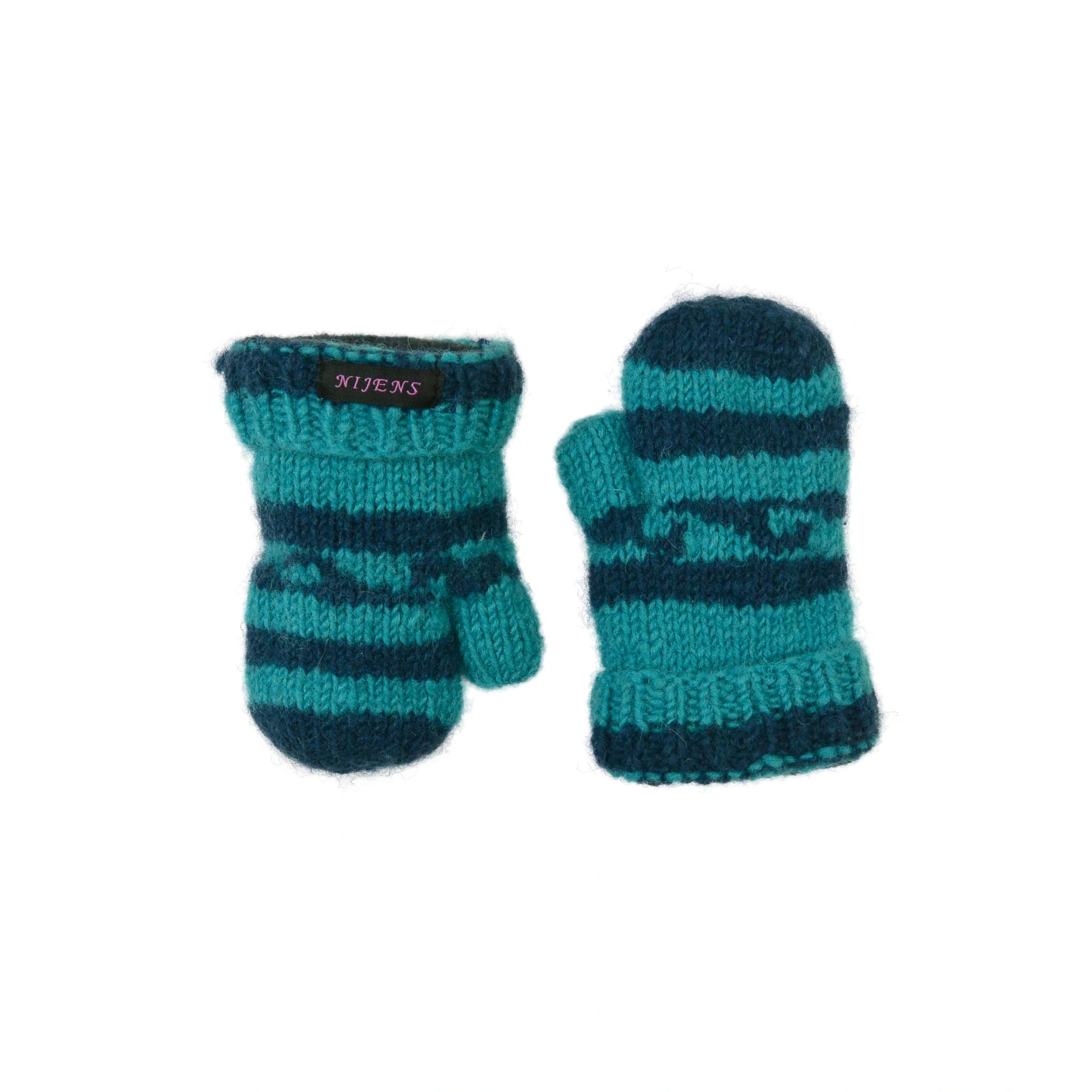 Kinderfäustlinge aus Schurwolle. Mit türkis- hellblauen Streifen.