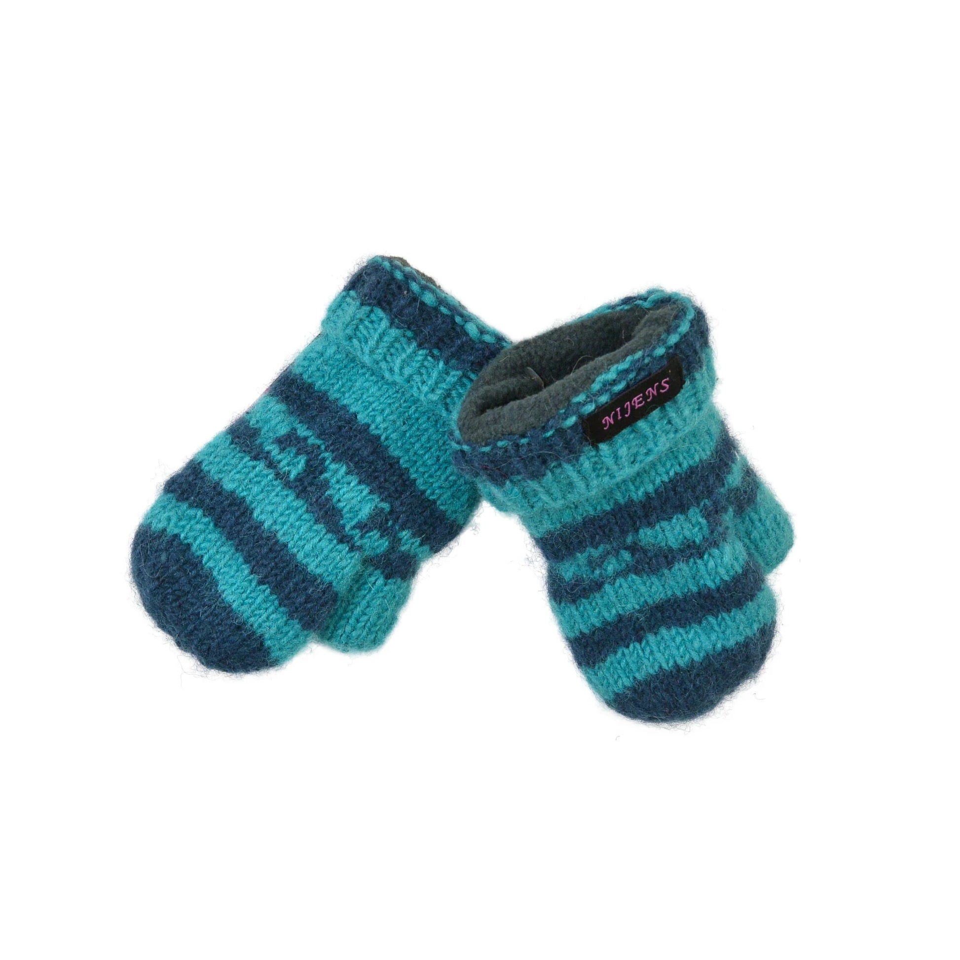 Kinderfäustlinge aus Schurwolle. Mit hellblauen Streifen.