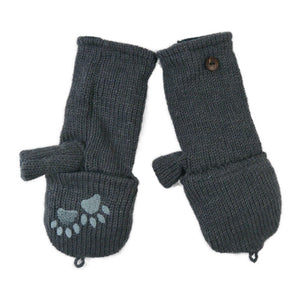 Dunkelgraue Fausthandschuhe aus Wolle mit grauer Pfotenstickerei und umklappbarer Kappe – warme Winterhandschuhe mit Fleecefutter, ideal zum Gassigehen