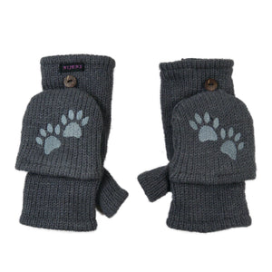 Graue Fausthandschuhe aus Wolle mit Pfotenstickerei und umklappbarer Kappe – warme Winterhandschuhe mit Fleecefutter von Nijens