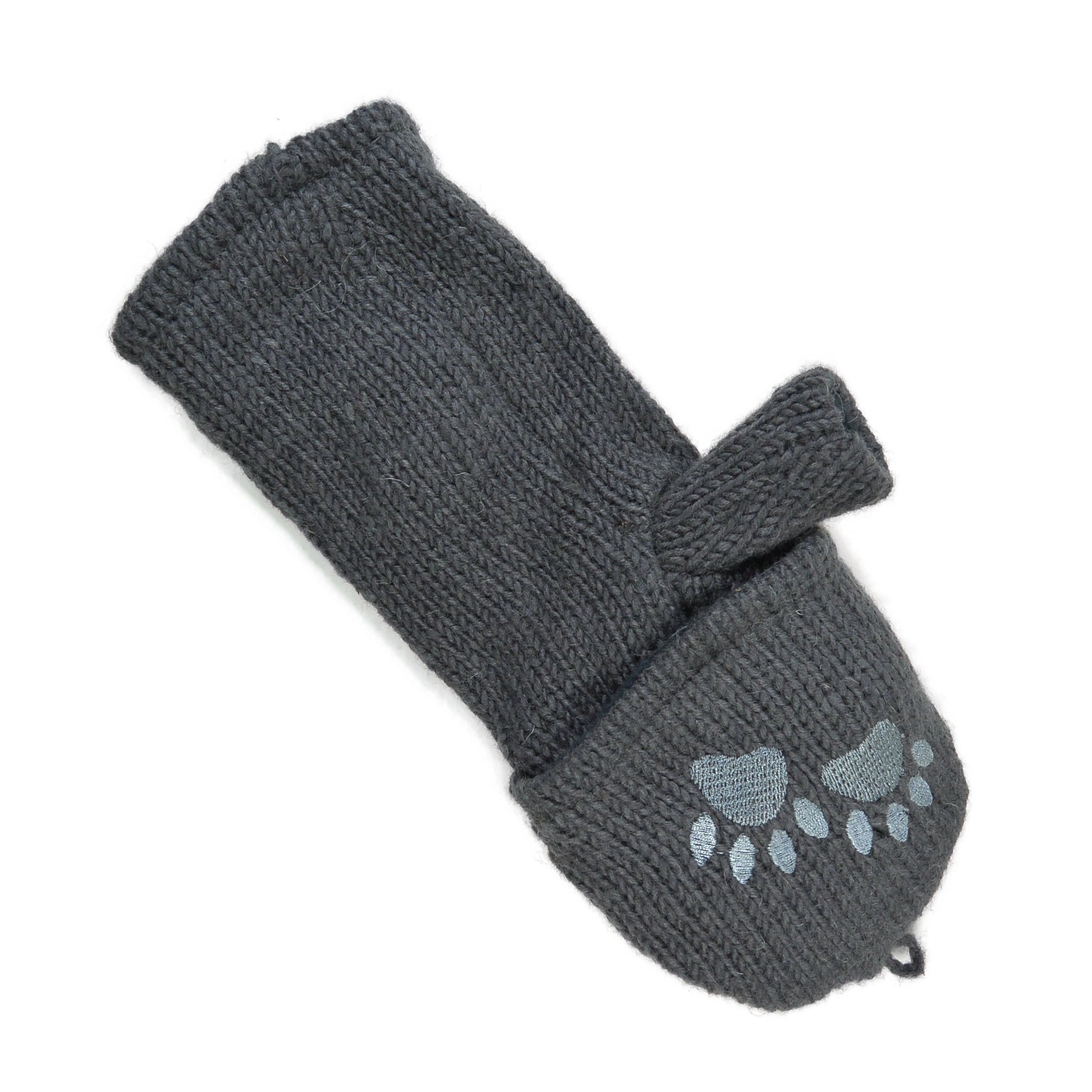 Dunkelgrauer Wollhandschuh mit gesticktem Pfotenmotiv, Knopfverschluss und umklappbarer Kappe – praktischer 2-in-1 Winterhandschuh von Nijens