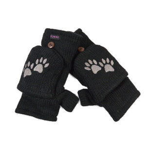 Schwarze Fausthandschuhe aus Wolle mit umklappbarer Kappe und gesticktem Pfotenmotiv – warme Winterhandschuhe mit Fleecefutter