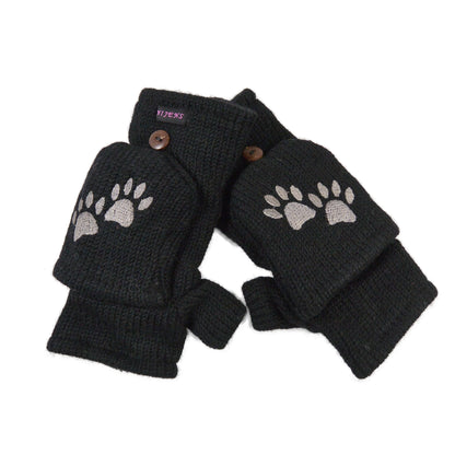 Schwarze Fausthandschuhe aus Wolle mit umklappbarer Kappe und gesticktem Pfotenmotiv – warme Winterhandschuhe mit Fleecefutter
