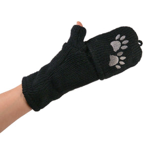 Wollhandschuh in Schwarz mit Pfotenstickerei, getragen an der Hand – wandelbar von Fausthandschuh zu fingerfreiem Handschuh