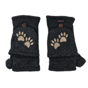 Dunkelgraue Fausthandschuhe aus Wolle mit beiger Pfotenstickerei und umklappbarer Kappe – warme Winterhandschuhe mit Fleecefutter von Nijens