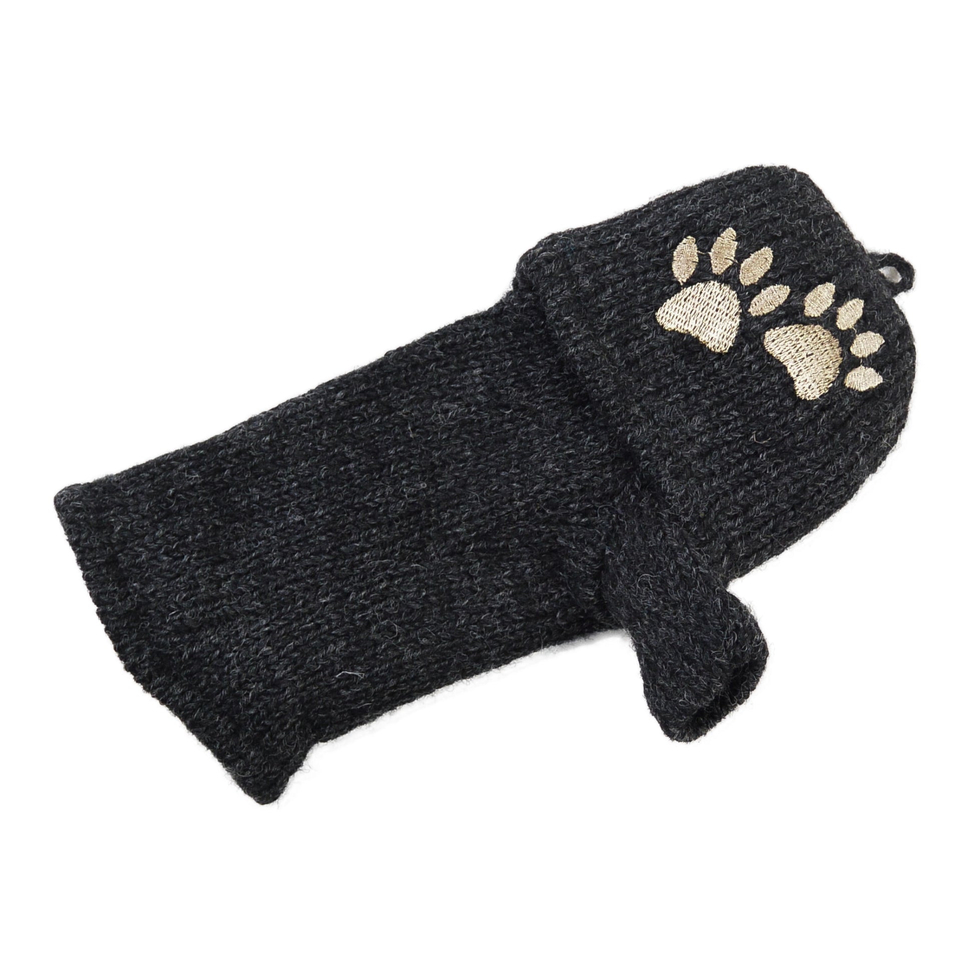 Wollhandschuh in Dunkelgrau mit Pfotenmotiv, umklappbarer Kappe und Knopfverschluss – wandelbare Winterhandschuhe