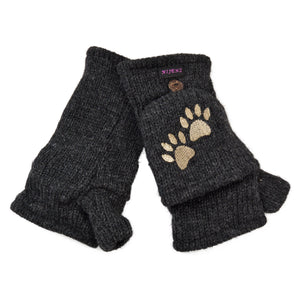 Dunkelgraue Fausthandschuhe aus Wolle mit beiger Pfotenstickerei und umklappbarer Kappe – Nijens
