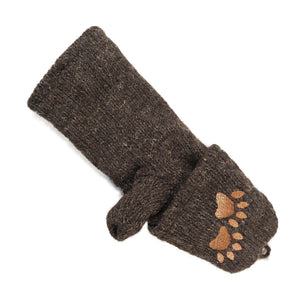 Wollhandschuh in Dunkelbraun mit Pfotenmotiv, umklappbarer Kappe und Knopfverschluss – wandelbare Winterhandschuhe