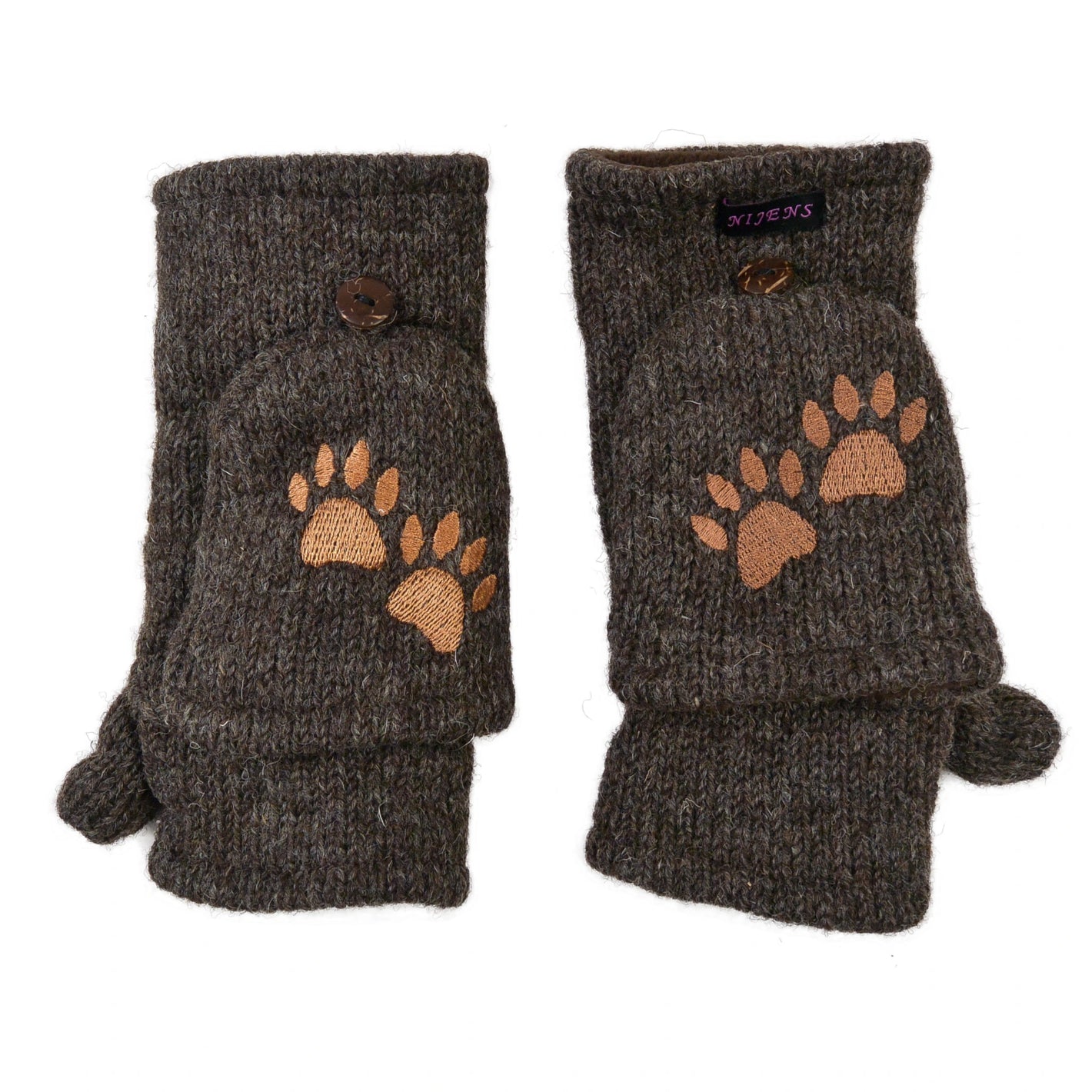 Dunkelbraune Fausthandschuhe aus Wolle mit beiger Pfotenstickerei und umklappbarer Kappe – warme Winterhandschuhe mit Fleecefutter von Nijens