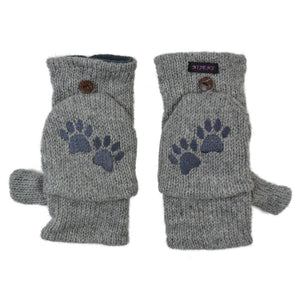 Graue Fausthandschuhe aus Wolle mit umklappbarer Kappe und gesticktem Pfotenmotiv – warme Winterhandschuhe mit Fleecefutter
