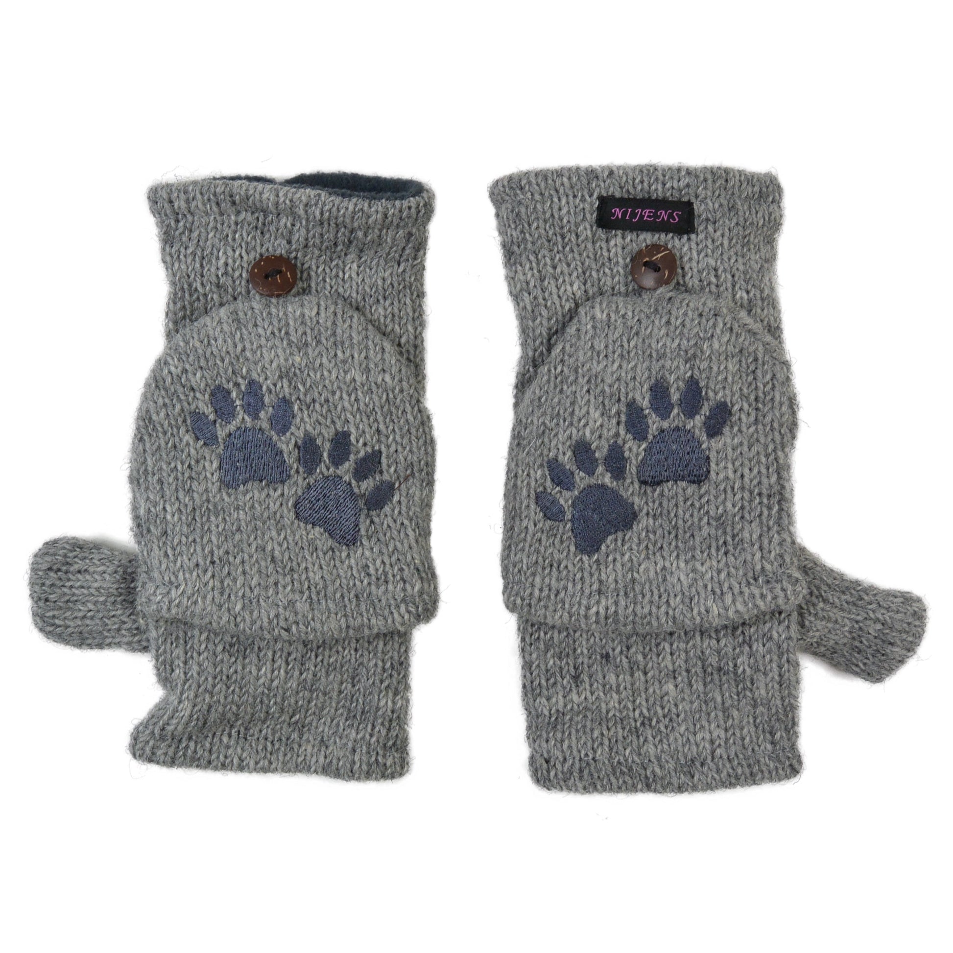 Graue Fausthandschuhe aus Wolle mit umklappbarer Kappe und gesticktem Pfotenmotiv – warme Winterhandschuhe mit Fleecefutter