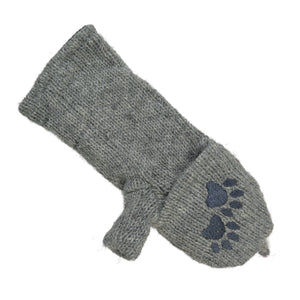 Grauer Wollhandschuh mit aufgestickten Pfotenabdrücken und Fleecefutter – ideal für Winterspaziergänge