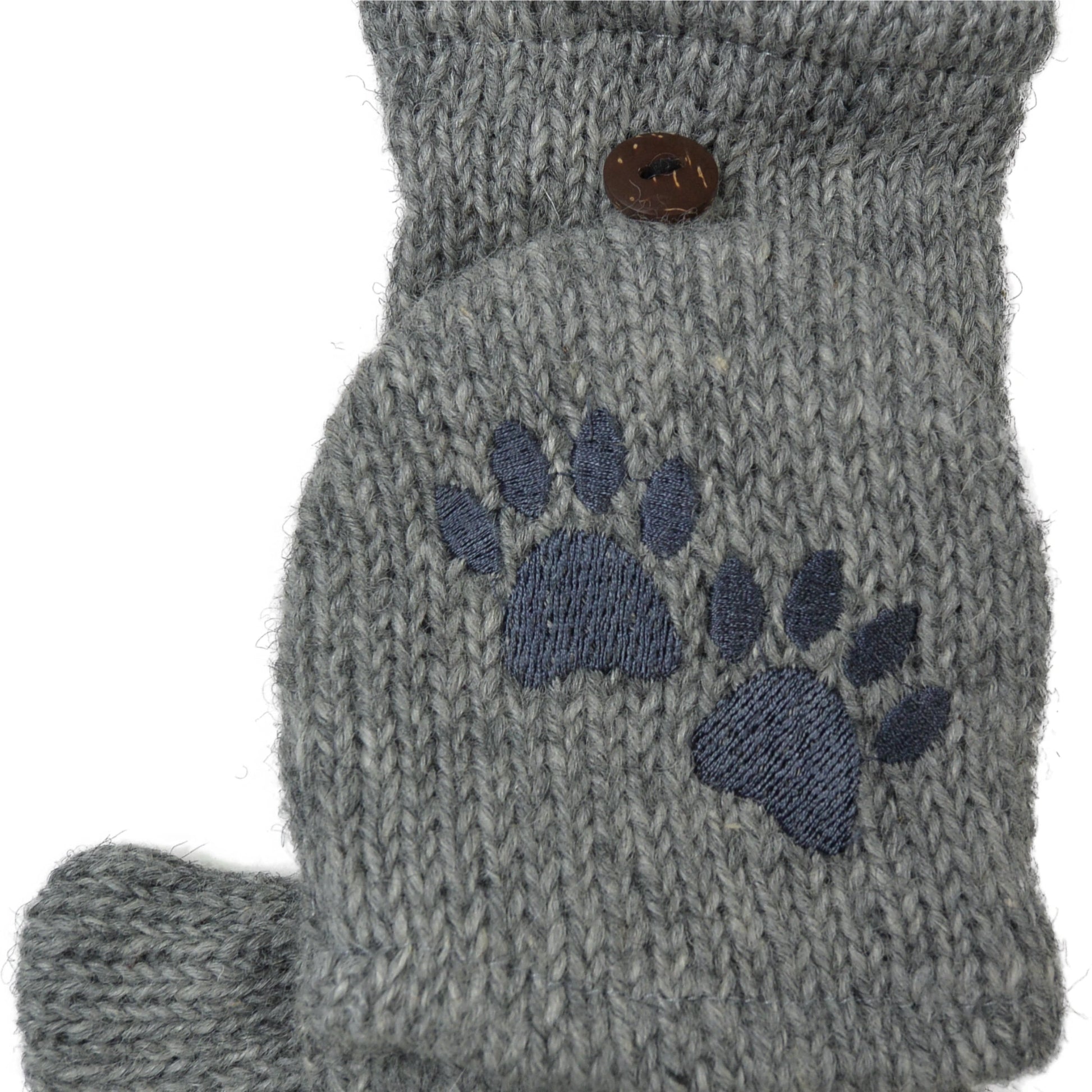 Hellgraue Fausthandschuhe aus Wolle mit gesticktem Pfotenmotiv und umklappbarer Kappe.