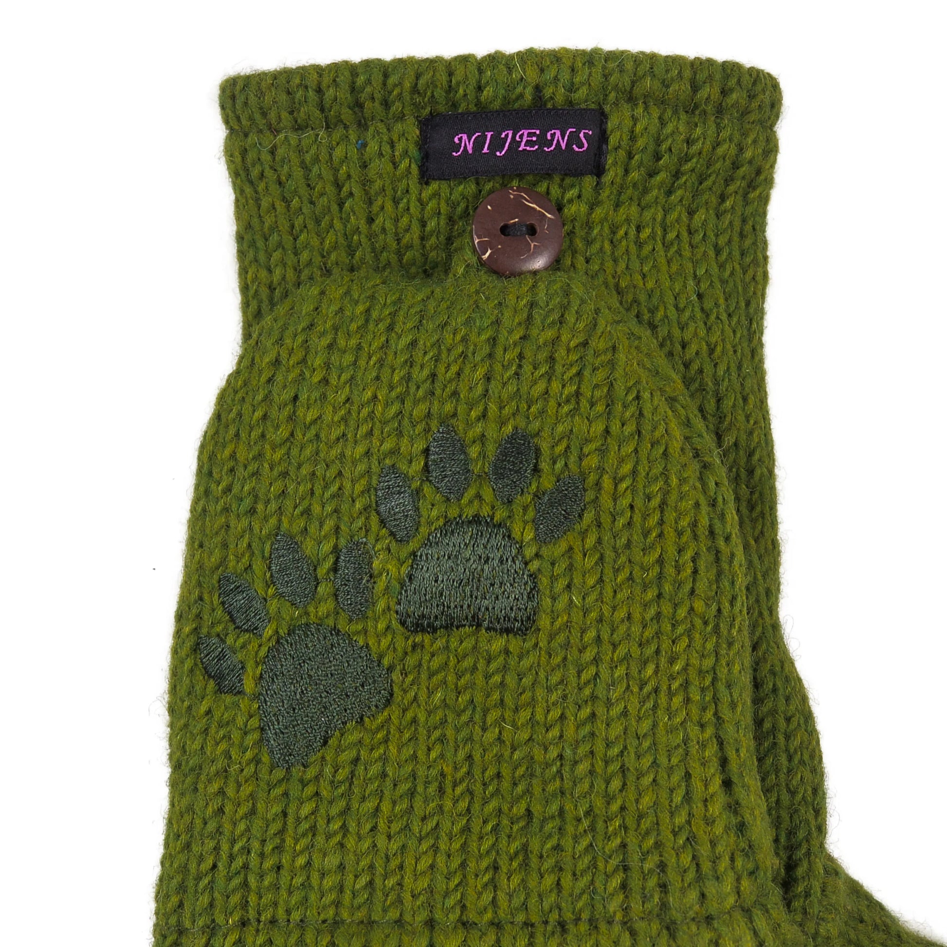 Olivgrüne Fausthandschuhe aus Wolle mit Pfotenstickerei und umklappbarer Kappe – warme Winterhandschuhe mit Fleecefutter von Nijens