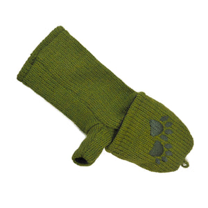 Wollhandschuh in Olivgrün mit aufgestickten Pfotenabdrücken und Fleecefutter – ideal für Winterspaziergänge