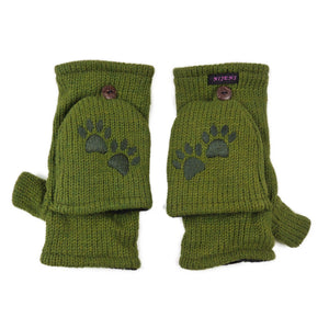 Olivgrüne Fausthandschuhe aus Wolle mit umklappbarer Kappe und gesticktem Pfotenmotiv – warme Winterhandschuhe mit Fleecefutter