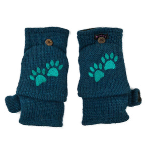 Petrolfarbene Fausthandschuhe aus Wolle mit grüner Pfotenstickerei und umklappbarer Kappe – warme Winterhandschuhe mit Fleecefutter von Nijens