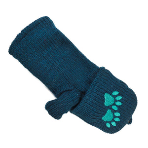 Wollhandschuh in Petrol mit gesticktem Pfotenmotiv und Knopfverschluss – wandelbar von Fäustling zu fingerfreiem Handschuh