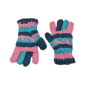 Kinderhandschuhe aus Schurwolle gestreift blau-türkis-rosa.