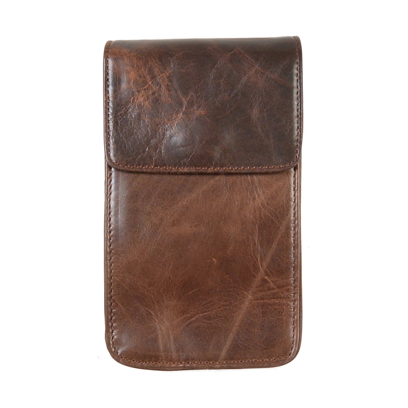 Leichte Leder-Handytasche Dunkelbraun mit 2 Innenfächern und flexiblem Gurt. 