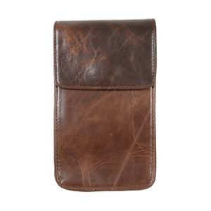 Leichte Leder-Handytasche Dunkelbraun mit 2 Innenfächern und flexiblem Gurt. 