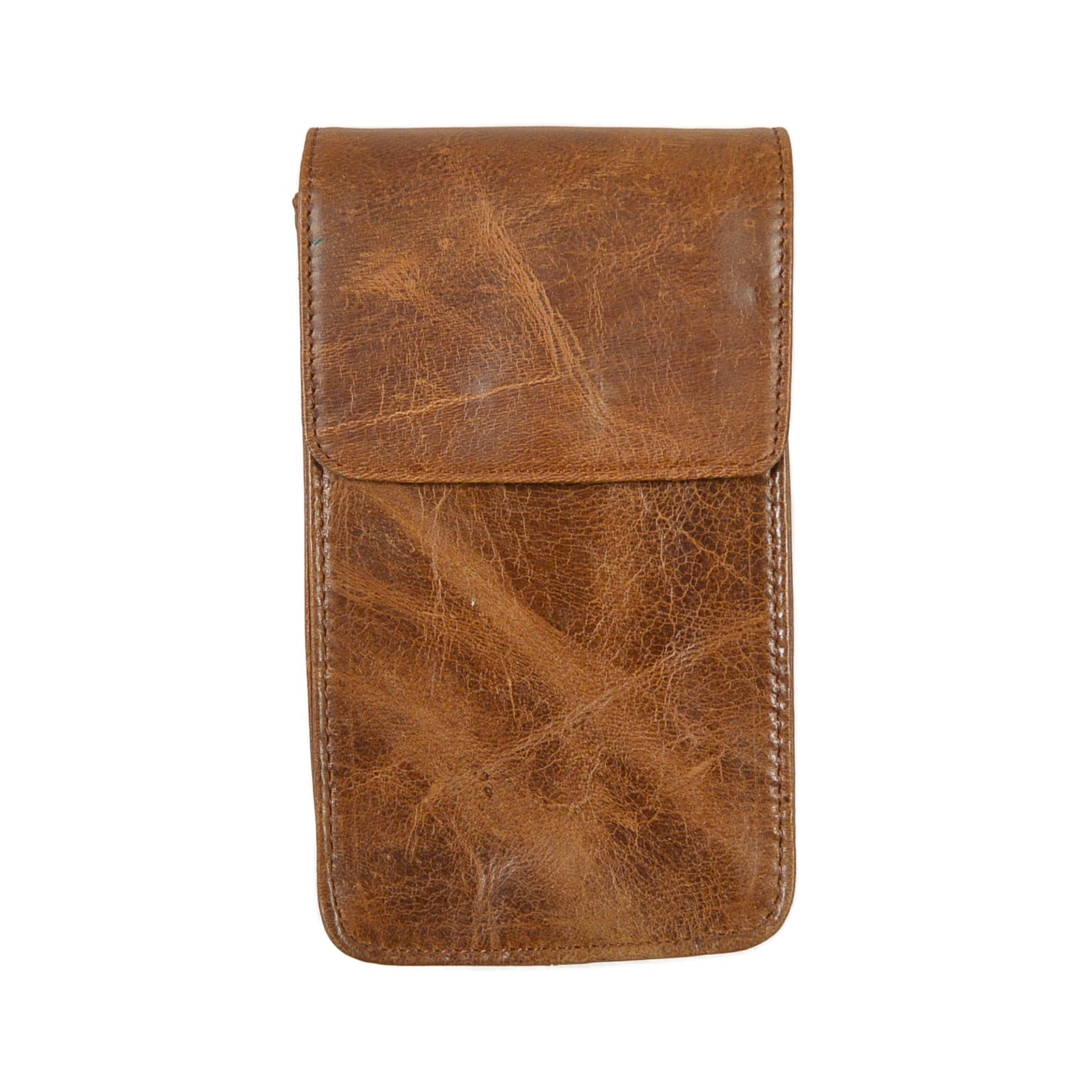 Geschlossene braune Handytasche aus echtem Rindsleder mit Klappe.