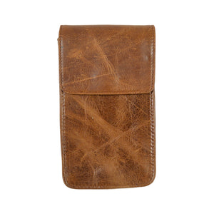Geschlossene braune Handytasche aus echtem Rindsleder mit Klappe.