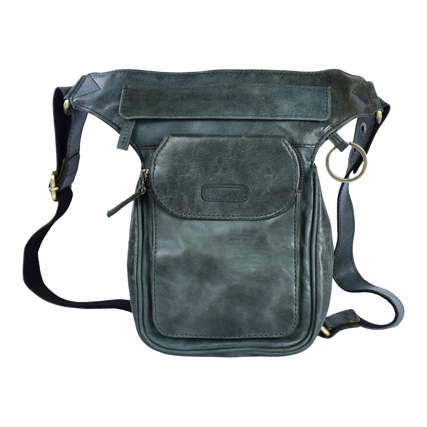 Bauchtasche, Gassi-Tasche aus Leder grün mit Schlüsselring an der Seite zum Befestigen von kleinen Dingen, einem Haupt-Reißverschlussfach, einem Reißverschlussfach vorne mit Einsteckfach, welches durch einen Magnetknopf geschlossen wird, und einem Reißverschlussfach auf der hinteren Seite.