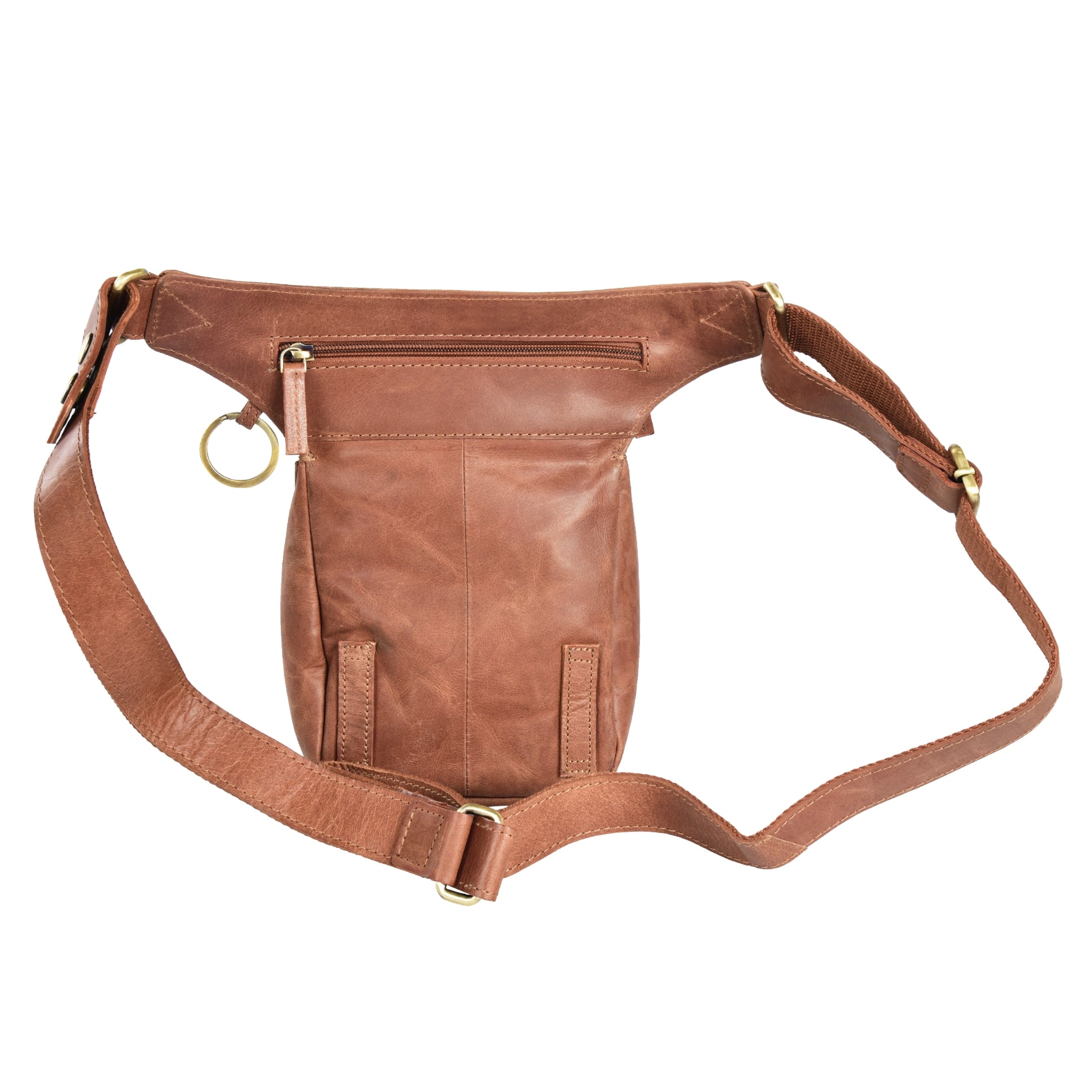 Gürteltasche Gassi-Tasche aus Leder Brandy, mit einem Reißverschlussfach hinten und zwei Gürtelschlaufen zur Befestigung eines Oberschenkelgurts.