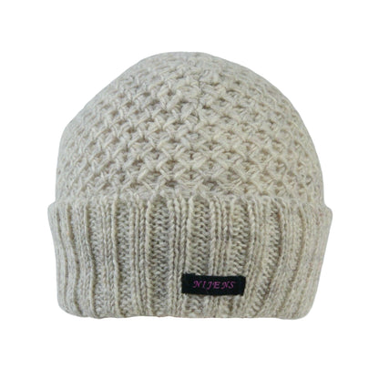 Kurze Beanie Mütze, Wollmütze aus Schurwolle, Webenmuster Strick Naturweiß mit Breitem Mützenumschlag.