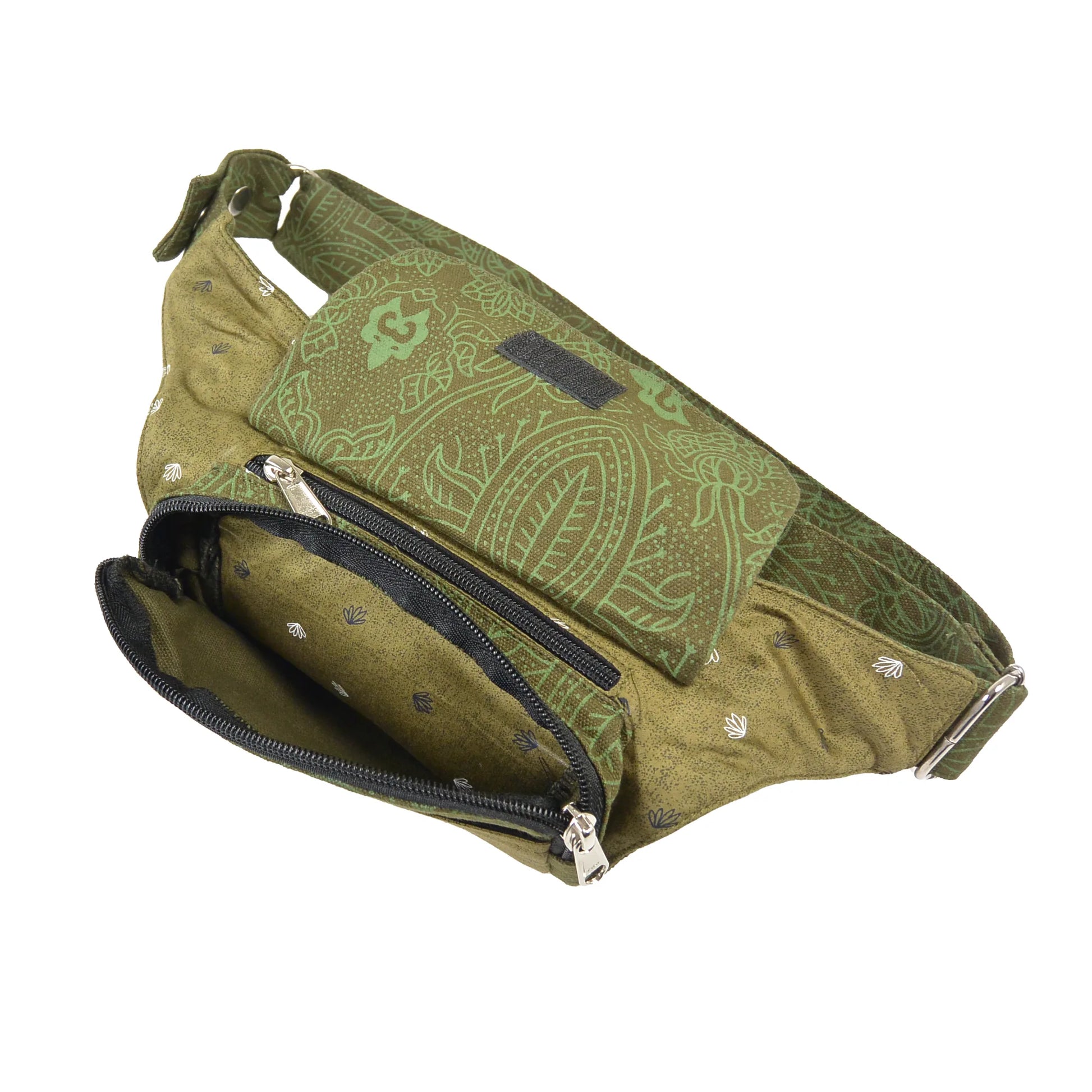 Nijens Bauchtasche Dublin in Olivgrün mit kleinen Blättern, Innensnsicht mit aufgesetztem Fach.