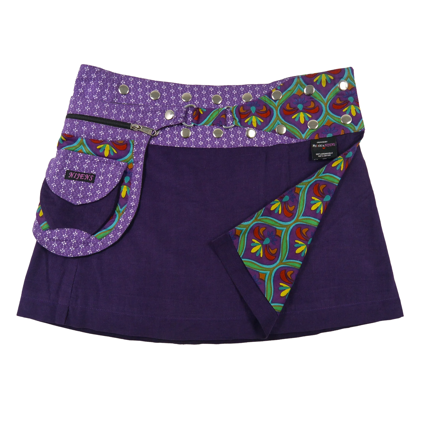 Wenderock aus Cord Violett mit abnehmbarer Tasche. Größenverstellbar mit zwei Druckknopfleisten am  Rockbund.