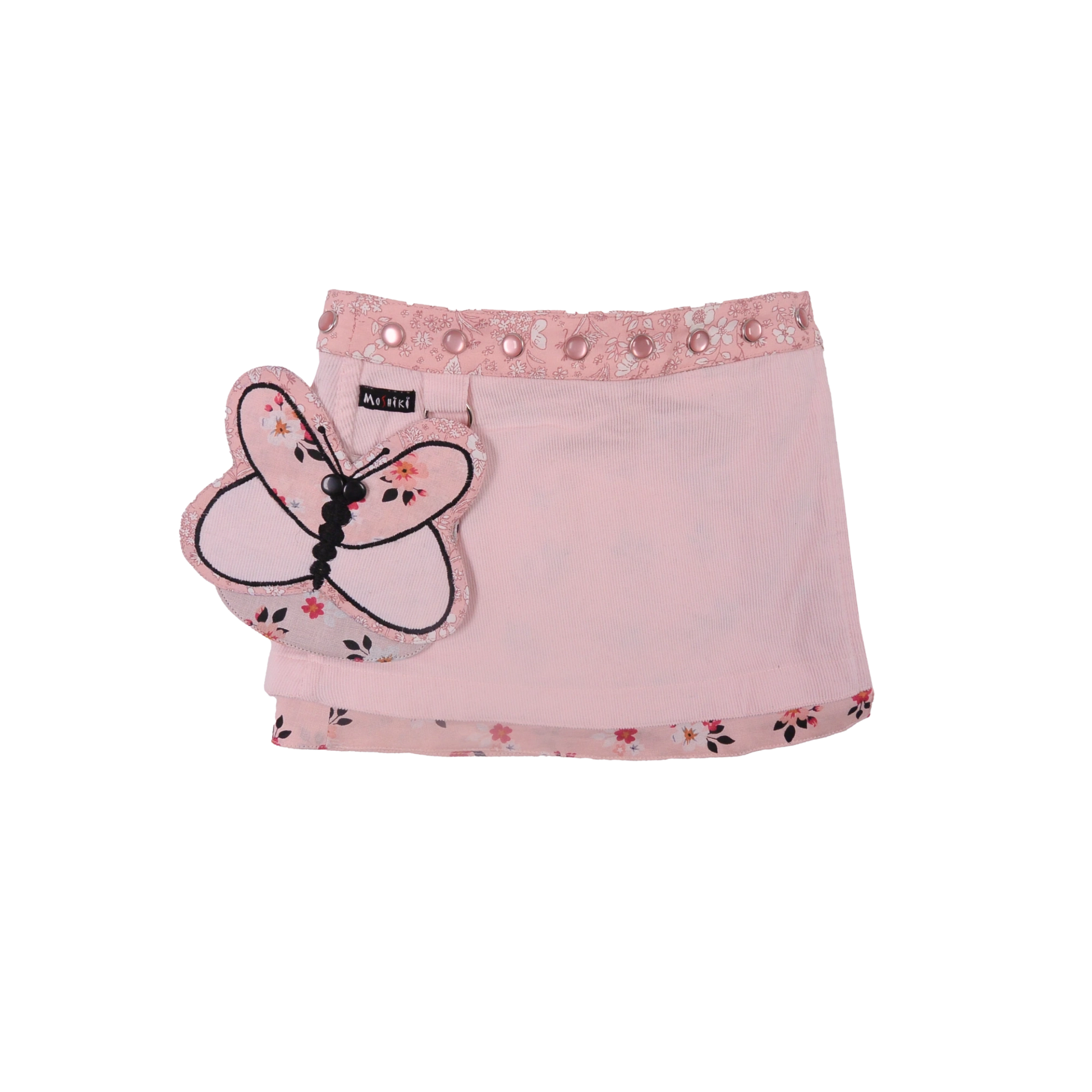 Wenderock für Kinder aus Kordsamt Rosa mit abnehmbarem Schmetterlingstäschchen und gläserner Druckknopfleiste.