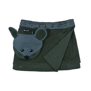 Wenderock für Kinder aus Kordsamt Olivgrün mit abnehmbarem Mausekopftäschchen und gläserner Druckknopfleiste.