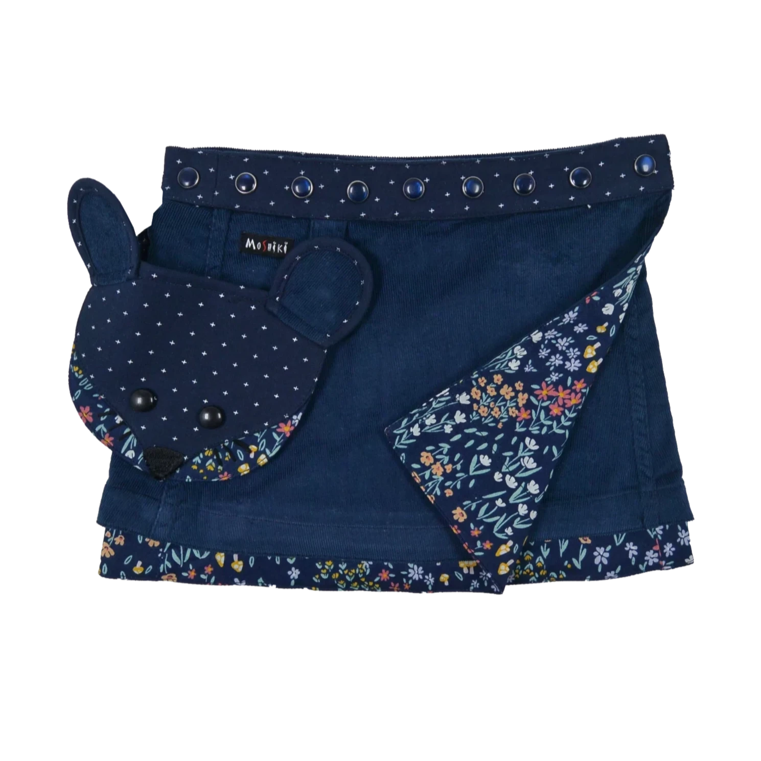 Wenderock für Kinder aus Kordsamt Marineblau mit abnehmbarem Mausekopftäschchen und gläserner Druckknopfleiste.