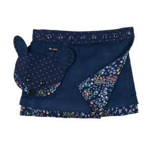 Wenderock für Kinder aus Kordsamt Marineblau mit abnehmbarem Mausekopftäschchen und gläserner Druckknopfleiste.
