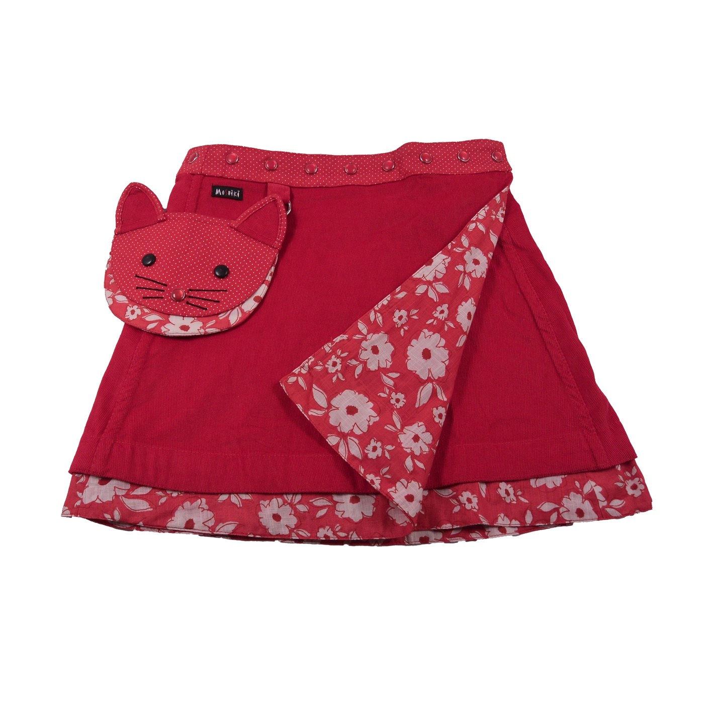 Wenderock XL für Kinder aus Kordsamt Rot mit abnehmbarem Katzenkopftäschchen und gläserner Druckknopfleiste.