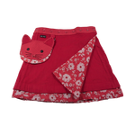 Wenderock XL für Kinder aus Kordsamt Rot mit abnehmbarem Katzenkopftäschchen und gläserner Druckknopfleiste.