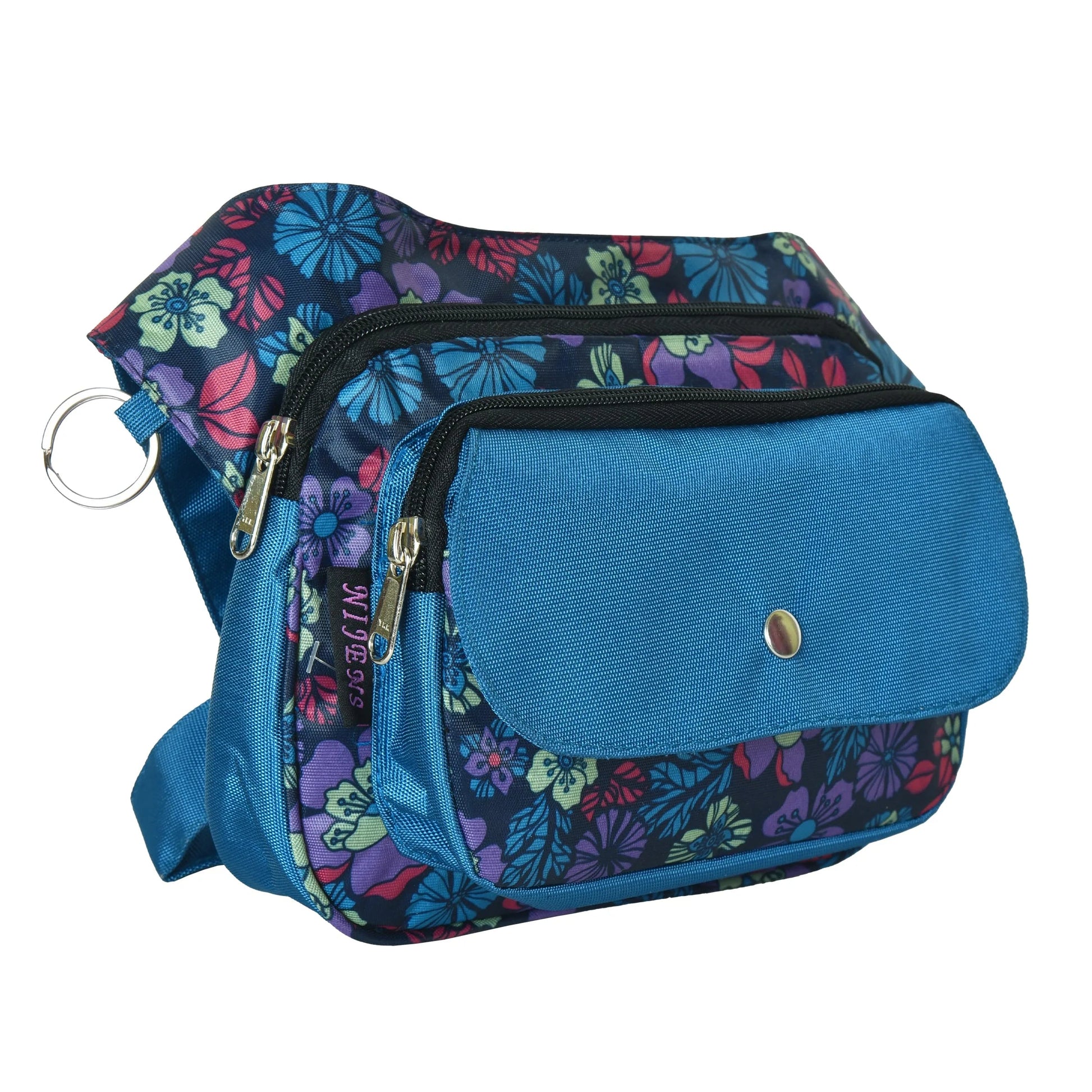  Hüfttasche von Nijens aus blauem Polyester mit floralem Muster und mehreren Reißverschlussfächern, seitliche Perspektive. Nijens Shop