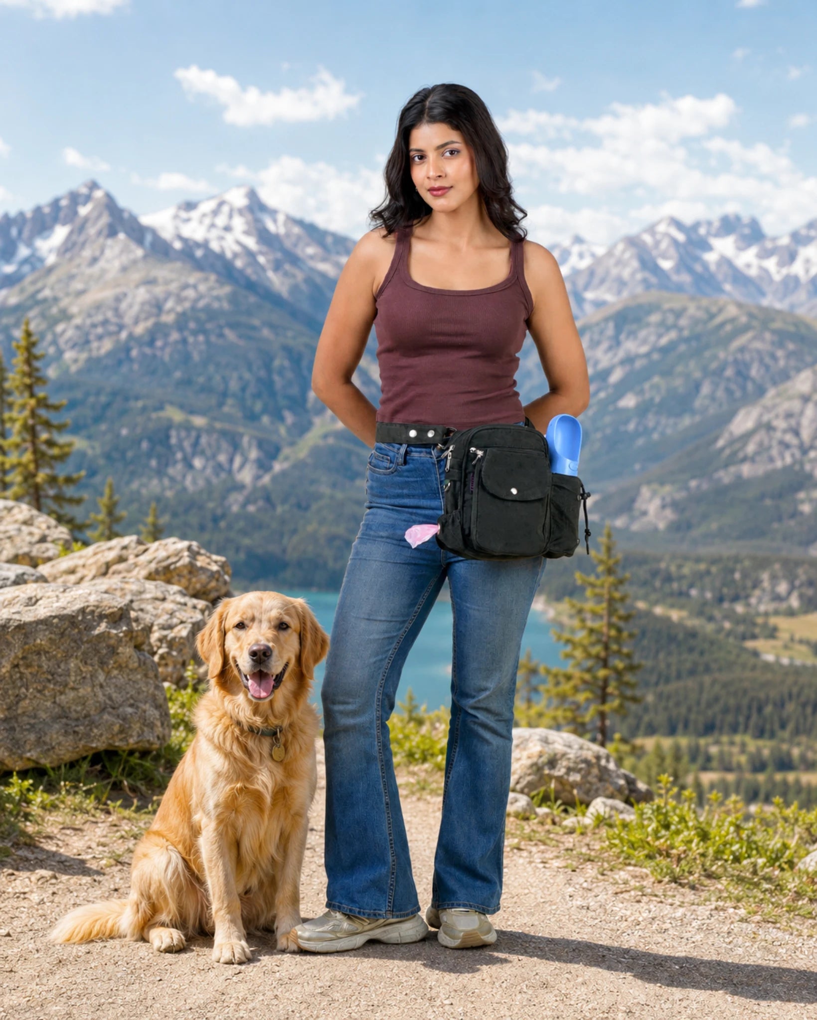 Frau mit lodengrüner Gassi-Tasche und goldenem Retriever auf einem Bergweg vor alpiner Kulisse mit See und schneebedeckten Bergen.