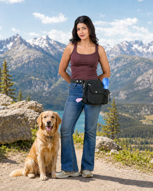 Frau mit lodengrüner Gassi-Tasche und goldenem Retriever auf einem Bergweg vor alpiner Kulisse mit See und schneebedeckten Bergen.
