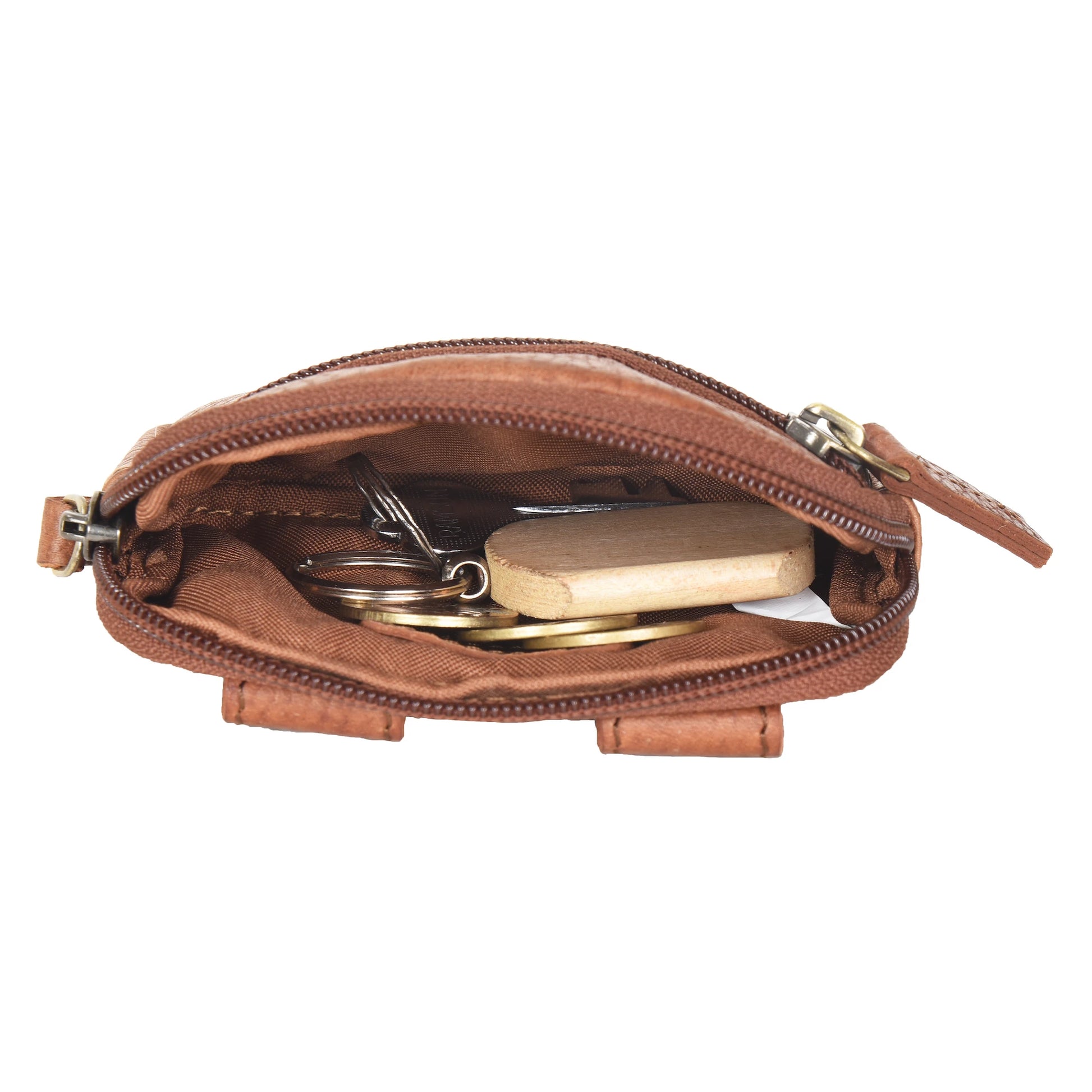 Kleine Beuteltasche mit Gürtelschlaufen, Kotbeutelspender aus Leder Brandy, Innenansicht