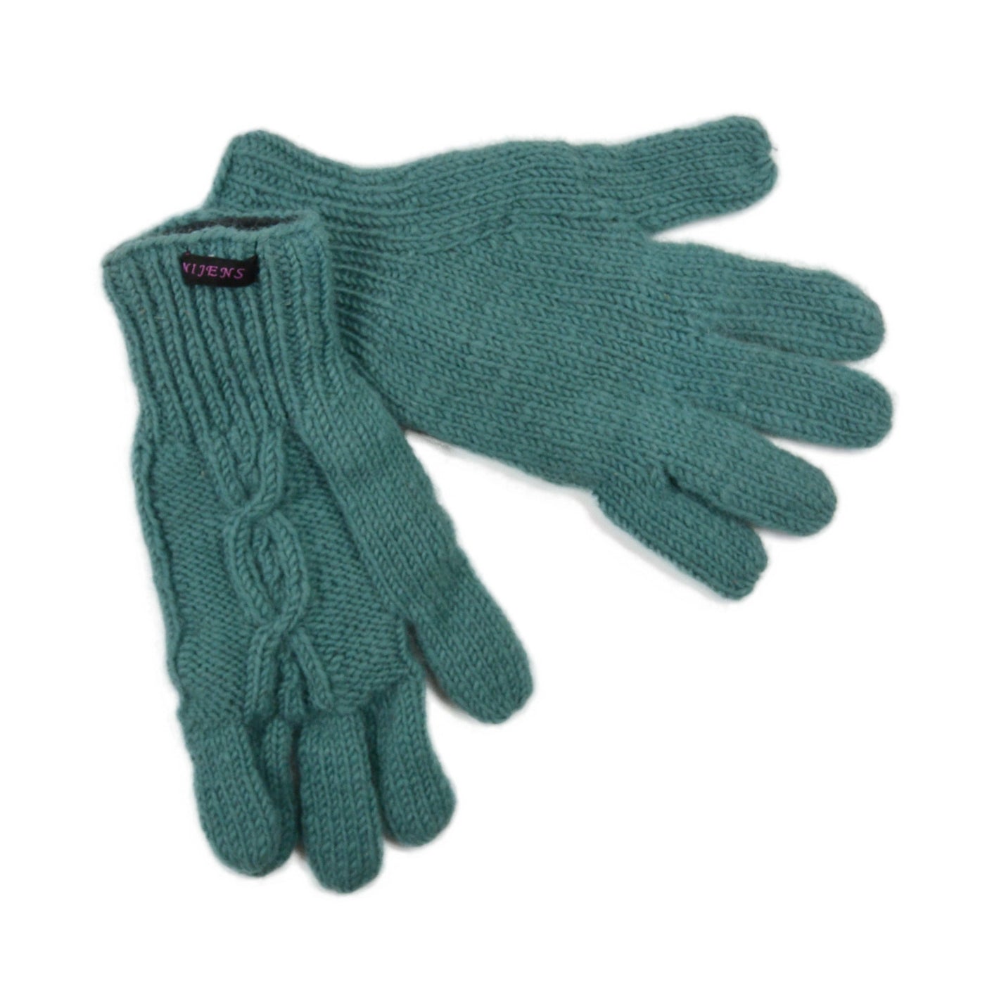 Handgestrickte Handschuhe aus Schurwolle – Mint mit Fleeceinlage und Strickmuster.