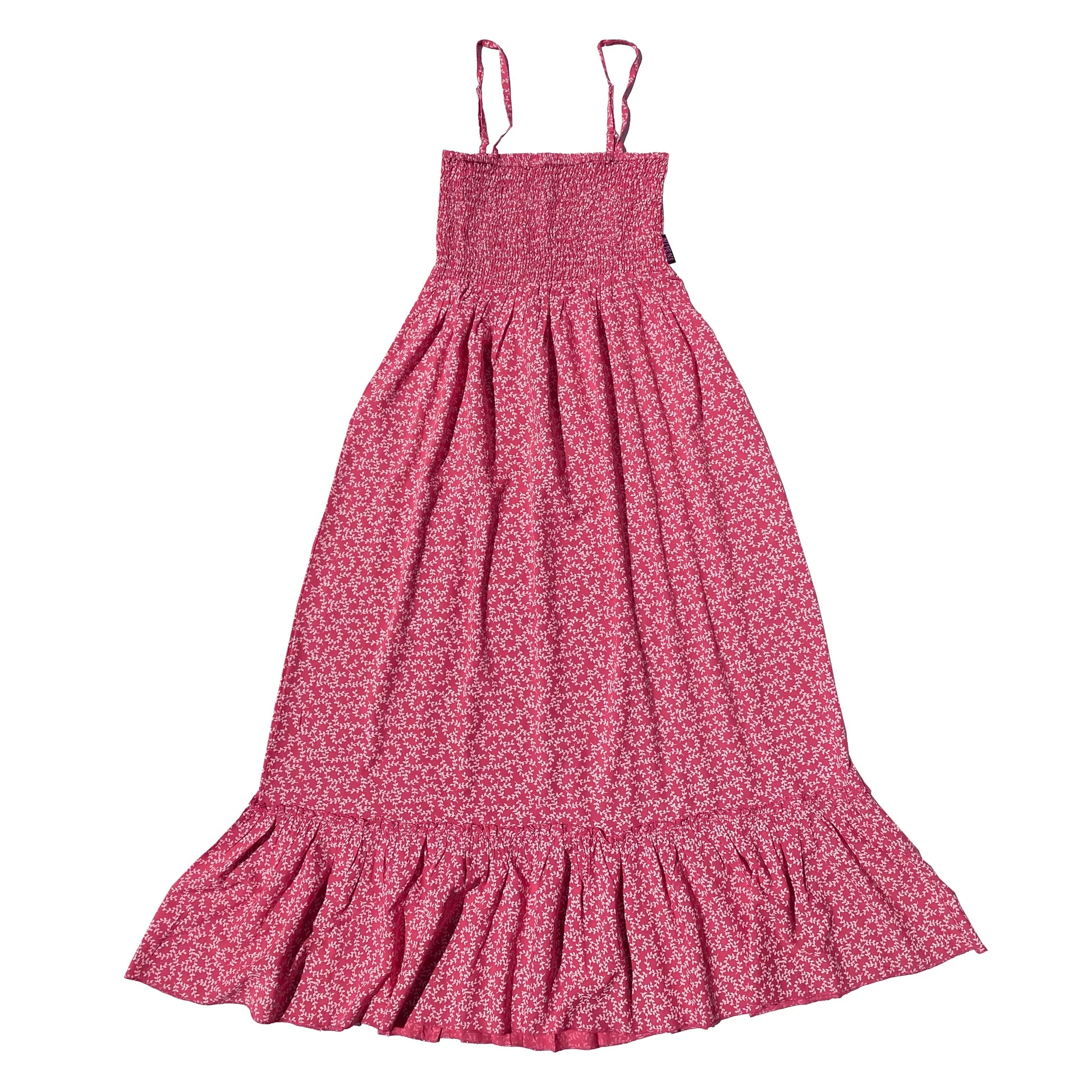 Sommerkleid, Smoked Dress aus Baumwolle in Rosa mit Blattmuster, mit verstellbaren Spaghettiträgern und einer breiten Rüschborte am Rocksaum.