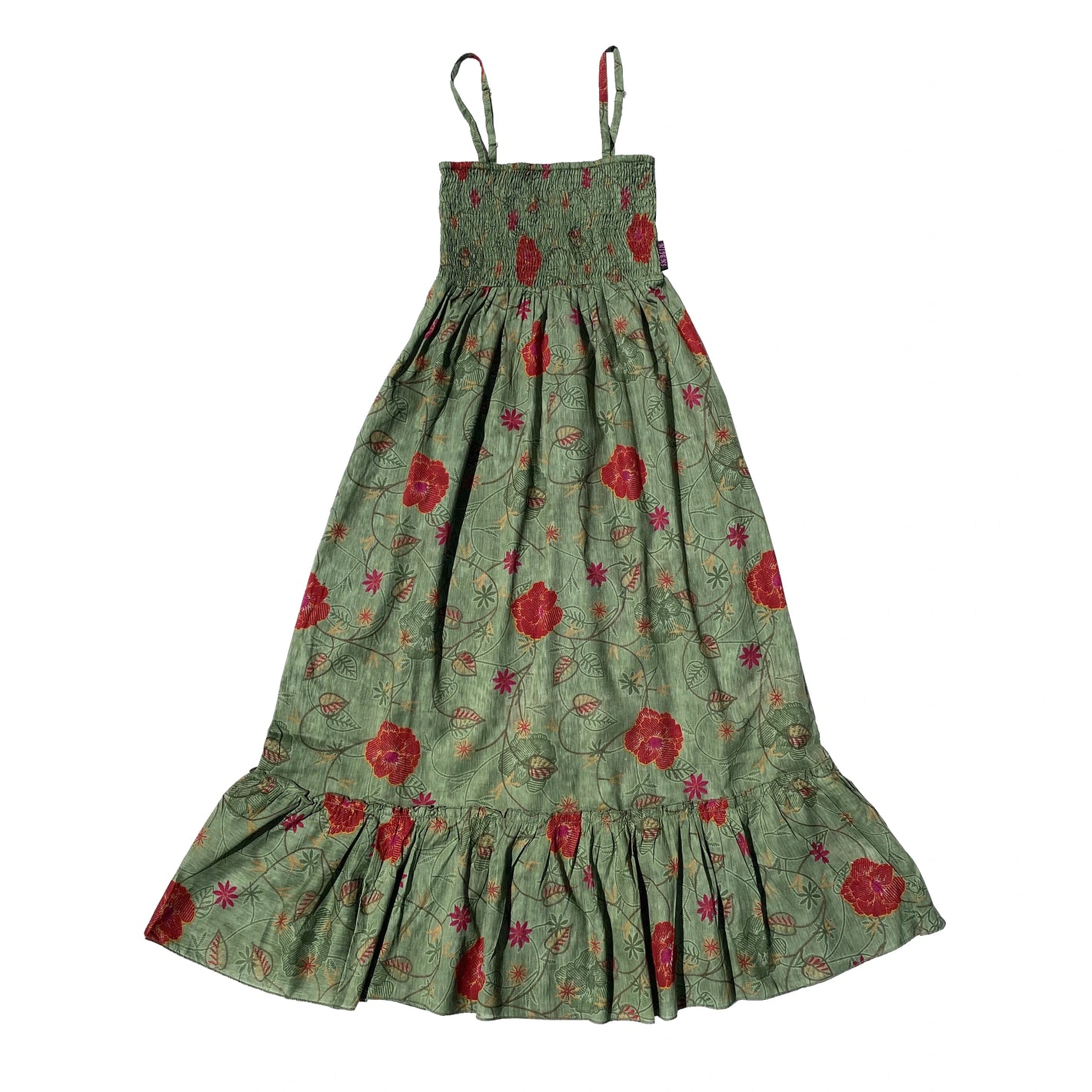 Sommerkleid, Smoked Dress aus Baumwolle in Maigrün mit roten Blumen und verstellbaren Spaghettiträgern und einer breiten Rüschborte am Rocksaum.