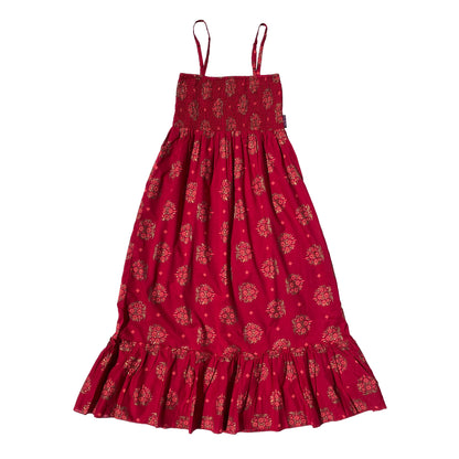 Sommerkleid, Smoked Dress aus Baumwolle in Rot und floralen Motiven. Spaghettiträger sind größenverstellbar und der Rocksaum ist geschmückt mit einer breiten Rüschborte.